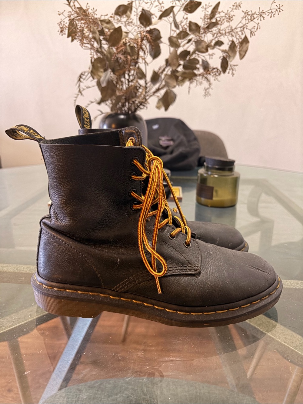 Broken in Dr. Martens Black Leather Lace-Up Boots with Yellow Laces